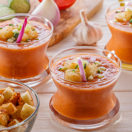 Spanish-style soup gazpacho made from tomatoes and other vegetables and spices, served cold.の写真素材