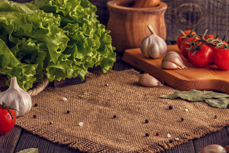 Vegetables, herbs, spices background. Selective focus. Concept of vegetarian, healthy food.の写真素材