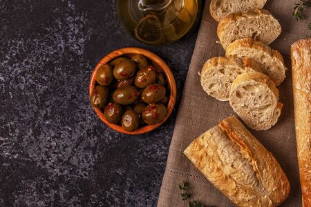 Fresh bread with snacks. Top view with copy space.の写真素材