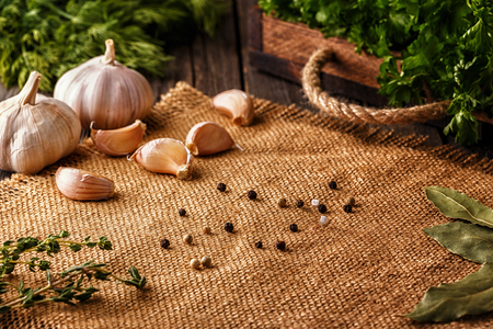 Vegetables, herbs, spices background. Selective focus. Concept of vegetarian, healthy food.の写真素材