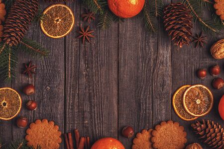 Christmas wooden background. Top view with copy space.の写真素材