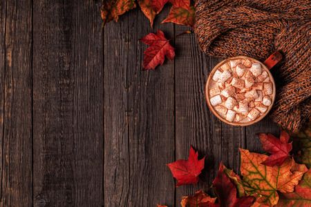 Autumn background with hot chocolate, knitted scarf, multi-colored leaves. Top view with copy space.の写真素材