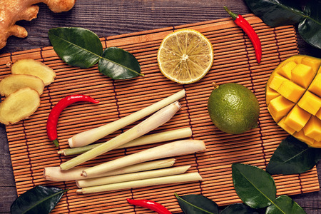 Ingredients of Thai spicy food. Top view, copy space.の写真素材