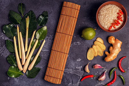 Ingredients of Thai spicy food. Top view, copy space.