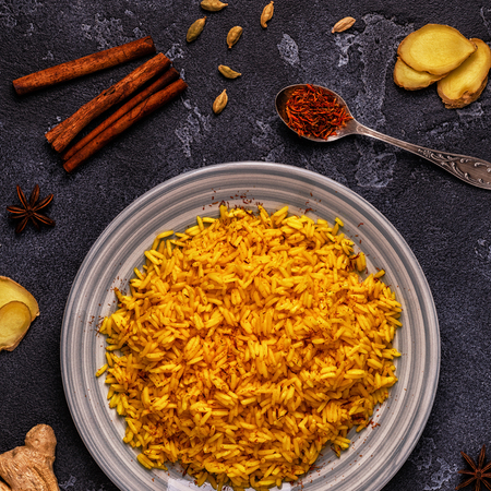 Saffron rice with spices. Top view, copy space.の写真素材
