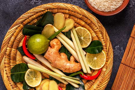Ingredients of Thai spicy food. Top view, copy space.の写真素材