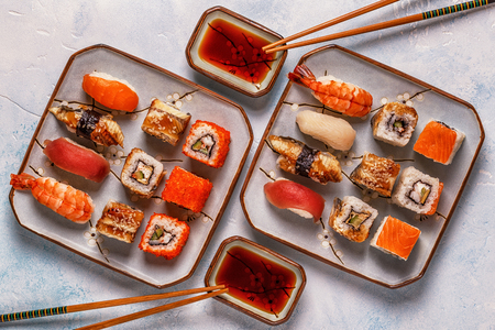 Sushi Set: sushi and sushi rolls on plate, top view.の写真素材