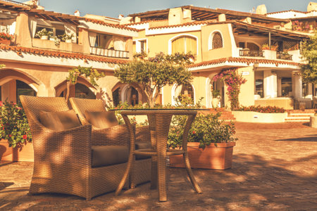 Promenade with shops and cafe in Porto Cervo, Sardinia, Italy.のeditorial素材
