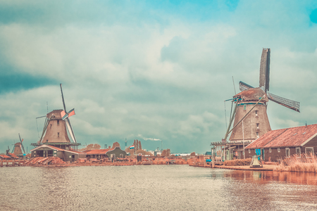 Windmills of Zaanse Schans, quiet village in Netherlands, province North Holland.の写真素材