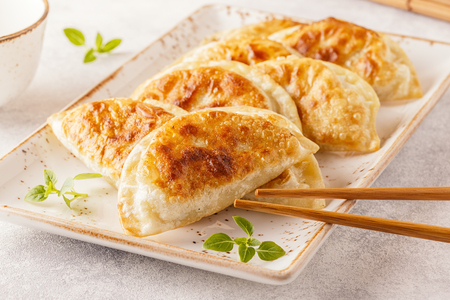 Plate of asian gyoza, dumplings snack with soy sauce.の写真素材