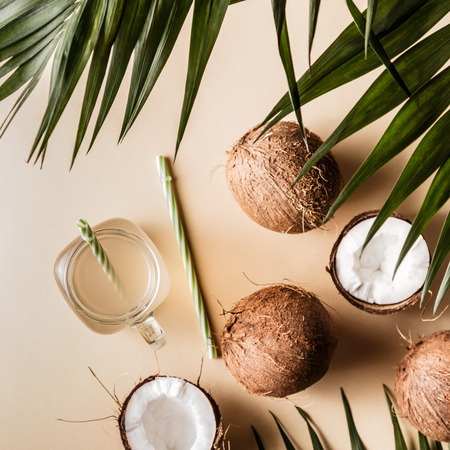 Coconut water and coconuts on a background with tropical leaves.の写真素材
