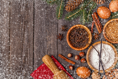 Ingredients for cooking Christmas baking. Top view with copy space.の写真素材