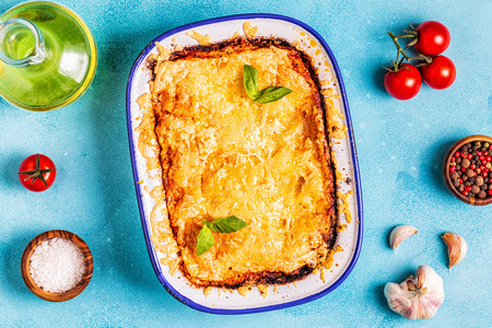 Traditional italian lasagna with vegetables, minced meat and cheese, top view, copy space.の写真素材