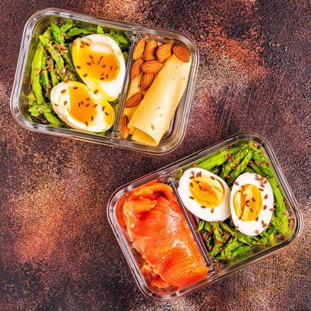 Healthy balanced lunch box, ketogenic diet lunch, home food for office concept.