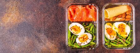 Healthy balanced lunch box, ketogenic diet lunch, home food for office concept.