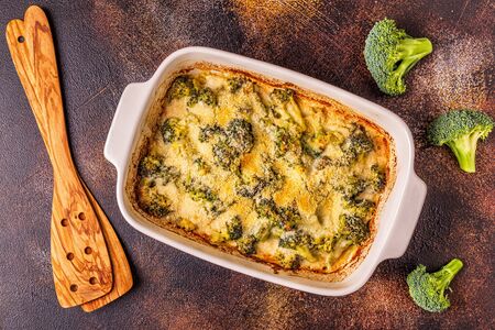 Broccoli gratin in a baking dish, top view.の写真素材