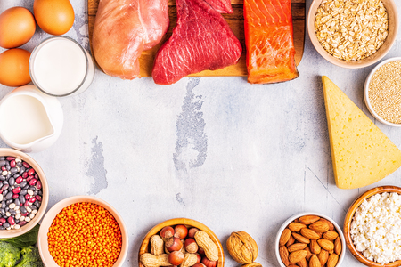 Sources of healthy protein - meat, fish, dairy products, nuts, legumes, and grains.の写真素材