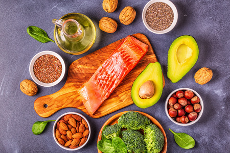 Animal and vegetable sources of omega-3 acids. Balanced diet concept. Top view, copy space.の写真素材