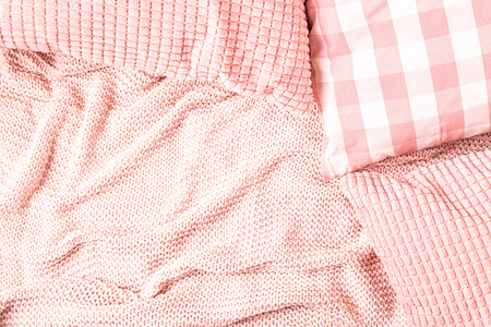 Background with pink plaid, top view, copy space.の写真素材