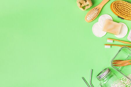 Glassware and personal care items, top view. Zero waste concept.の写真素材