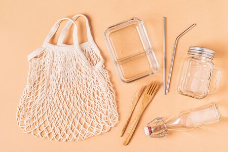 Cotton bags and glassware for free plastic shopping. Zero waste concept.の写真素材