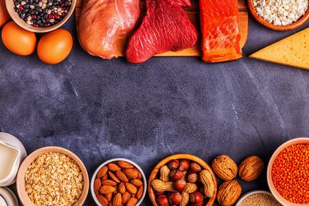 Sources of healthy protein - meat, fish, dairy products, nuts, legumes, and grains.の写真素材