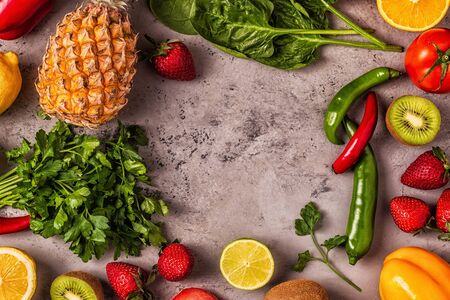 Fruits and vegetables rich in vitamin C. Healthy eating. Top viewの写真素材