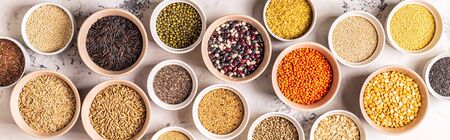 Set of different superfoods- whole grains, beans and legumes, seeds and nuts, top view.の写真素材