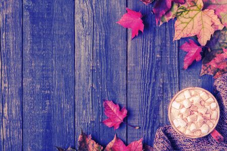 Autumn background with hot chocolate, knitted scarf, multi-colored leaves. Top view with copy space.