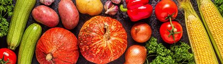 Fresh autumn vegetables for cooking on a dark background, top view.の写真素材