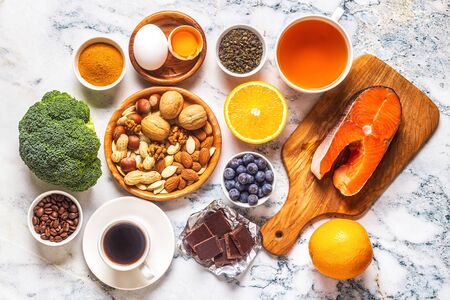 Best foods to boost your brain and memory, top view.の写真素材