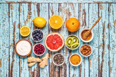 Superfoods for Immunity boosting and cold remedies, top view.の写真素材