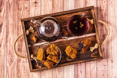 Chaga tea - a strong antioxidant, boosts immune system, has detox quality, improves digestive.の写真素材