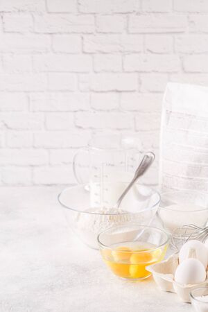 Bakery products -flour, eggs, milk. Selective focus, copy space.の写真素材