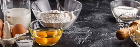 Bakery products -flour, eggs, milk. Selective focus, copy space.
