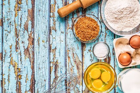 Bakery products -flour, eggs, milk. Top view, copy space.の写真素材