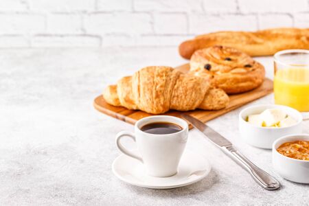 Breakfast with coffee and croissants, selective focusの写真素材