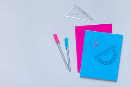 Flat lay of back to school supplies with notebook and pen.の写真素材
