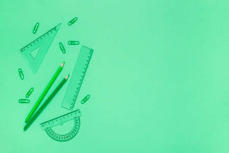 Flat lay of back to school supplies with notebook and pen.の写真素材