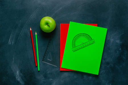 Flat lay of back to school supplies with notebook and pen.の写真素材