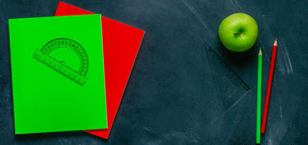 Flat lay of back to school supplies with  notebook and pen.の写真素材