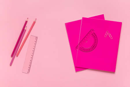 Flat lay of back to school supplies with  notebook and pen.の写真素材