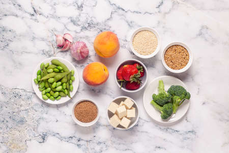 Estrogen-Rich Foods, Menopause Diet. Top view.の写真素材