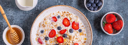 Healthy breakfast, bowl with oat granola, milk and berries, top view.の写真素材