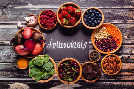 Healthy foods high in antioxidants, top view.の写真素材