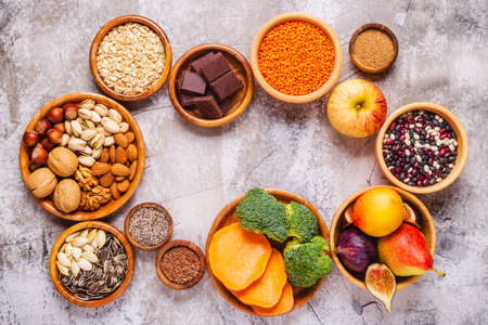 Products rich in fiber. Healthy diet food. Top view.の写真素材