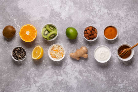 Healthy products for Immunity boosting and cold remedies, top view.の写真素材