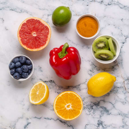 Healthy products for Immunity boosting and cold remedies, top view.の写真素材