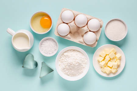 Baking or cooking background. Ingredients, kitchen items for baking. Top view.の写真素材