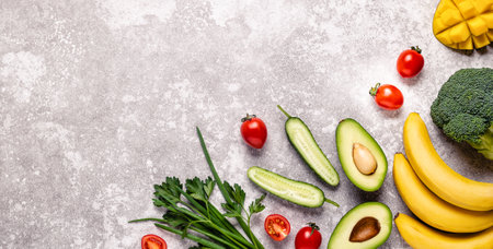 Healthy vegetables and fruits background with copy space.